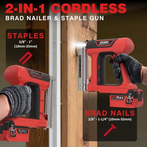 21V Cordless Nail Gun - 18 Gauge 2 in 1 Battery Powered Electric Brad Nailer with 2 x 4.0Ah Batteries & Charger & 1000 Nails & 1000 Staples for DIY & Home Improvement & Wood Working (Red) in Kuwait