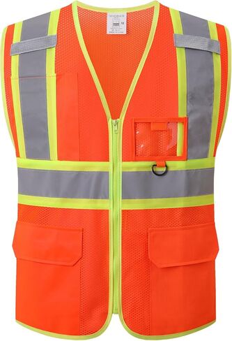 سترة أمان للرجال والنساء، سترة شبكية من Hi Vis فئة 2 عاكسة للضوء عالية الوضوح مع جيوب، تلبي معايير ANSI/ISEA (EK1-178-Orange-M) in Kuwait