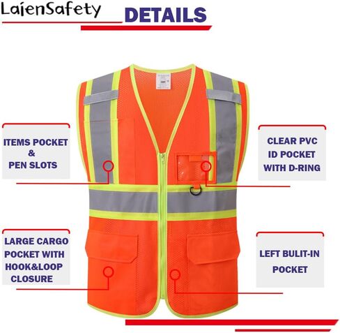 سترة أمان للرجال والنساء، سترة شبكية من Hi Vis فئة 2 عاكسة للضوء عالية الوضوح مع جيوب، تلبي معايير ANSI/ISEA (EK1-178-Orange-M) in Kuwait