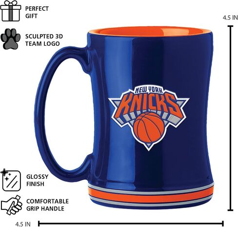 كوب قهوة FANMATS NBA New York Knicks سعة 14 أونصة - 14 أونصة سائلة | سيراميك | شعار منحوت ثلاثي الأبعاد | لون الفريق | هدية عظيمة in Kuwait