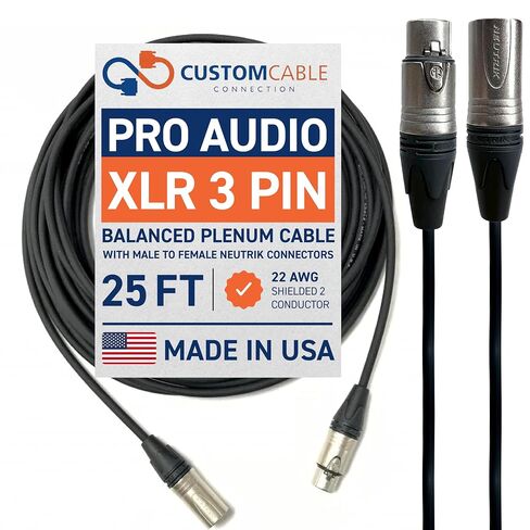 Custom Cable Connection 25 Foot Plenum XLR Male to Female Plenum Balanced Pro Audio Cable, Black in Kuwait