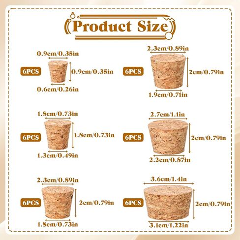 36 PCS Natural Cork Stoppers for Glass Bottles, Small Cork Plugs with 6 Sizes, Soft Wood Tapered Corks for Crafts Salt Pepper Wine Bottles Laboratory DIY Projects, Airtight Sealing in Kuwait