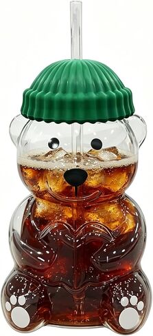 New Cute Bear Glass Cup with Straw & Lid, 20oz High Borosilicate Glass Water Bottle for Cold/Hot Drinks, Cute Bear Pattern Mug for Adults, Home Office Birthday Gift in Kuwait