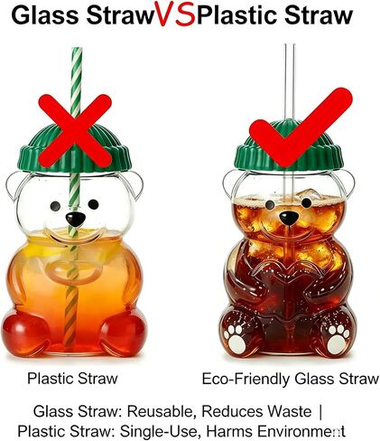 New Cute Bear Glass Cup with Straw & Lid, 20oz High Borosilicate Glass Water Bottle for Cold/Hot Drinks, Cute Bear Pattern Mug for Adults, Home Office Birthday Gift in Kuwait