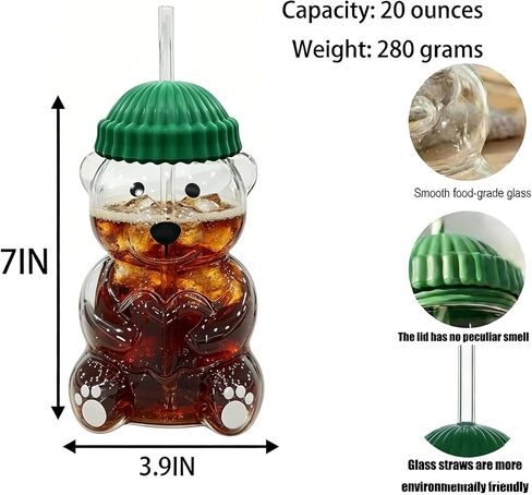 New Cute Bear Glass Cup with Straw & Lid, 20oz High Borosilicate Glass Water Bottle for Cold/Hot Drinks, Cute Bear Pattern Mug for Adults, Home Office Birthday Gift in Kuwait