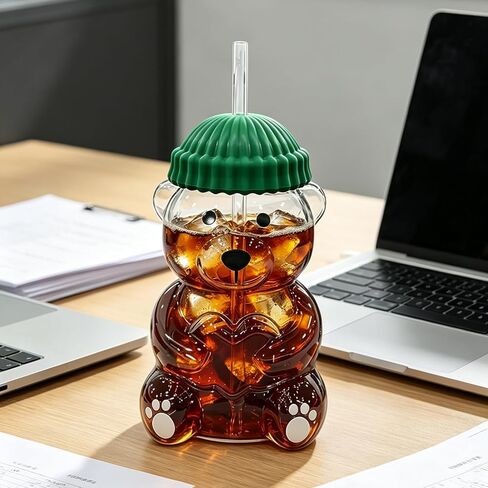New Cute Bear Glass Cup with Straw & Lid, 20oz High Borosilicate Glass Water Bottle for Cold/Hot Drinks, Cute Bear Pattern Mug for Adults, Home Office Birthday Gift in Kuwait