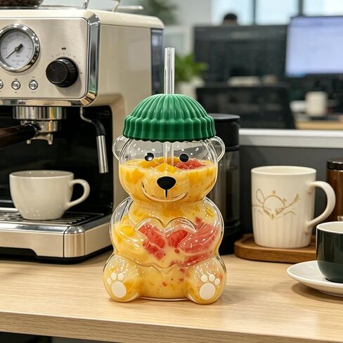 New Cute Bear Glass Cup with Straw & Lid, 20oz High Borosilicate Glass Water Bottle for Cold/Hot Drinks, Cute Bear Pattern Mug for Adults, Home Office Birthday Gift in Kuwait