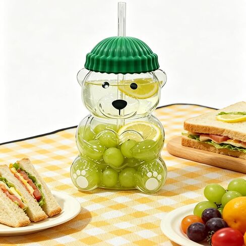 New Cute Bear Glass Cup with Straw & Lid, 20oz High Borosilicate Glass Water Bottle for Cold/Hot Drinks, Cute Bear Pattern Mug for Adults, Home Office Birthday Gift in Kuwait