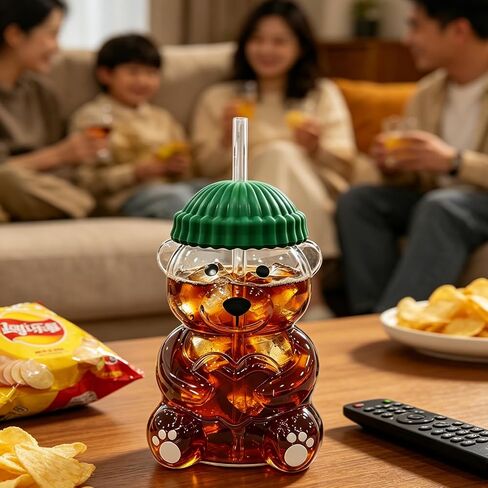 New Cute Bear Glass Cup with Straw & Lid, 20oz High Borosilicate Glass Water Bottle for Cold/Hot Drinks, Cute Bear Pattern Mug for Adults, Home Office Birthday Gift in Kuwait