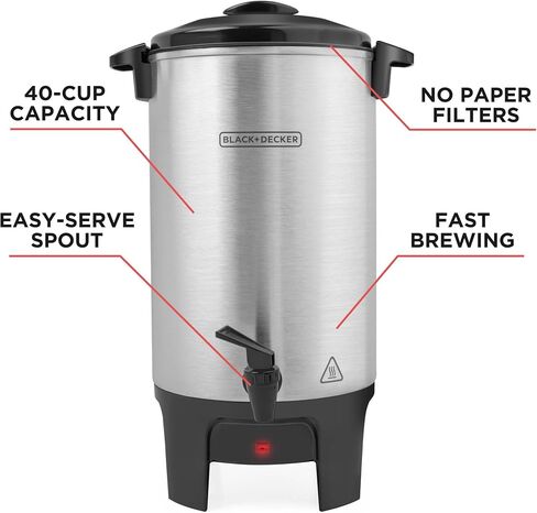 BLACK+DECKER 40 Cup Coffee Urn, Fast Brewing, Aluminum, Keep Warm Function, Heat Resistant Handles, Indicator Light in Kuwait