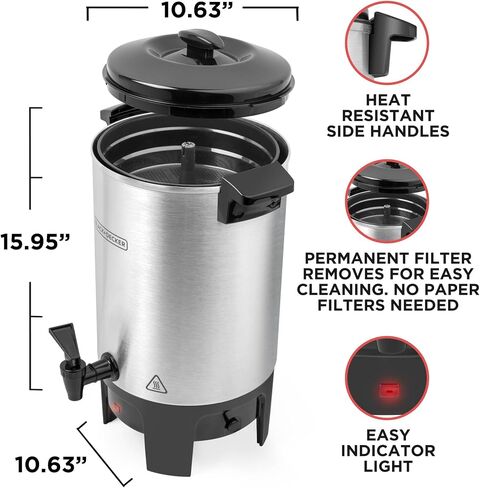 BLACK+DECKER 40 Cup Coffee Urn, Fast Brewing, Aluminum, Keep Warm Function, Heat Resistant Handles, Indicator Light in Kuwait