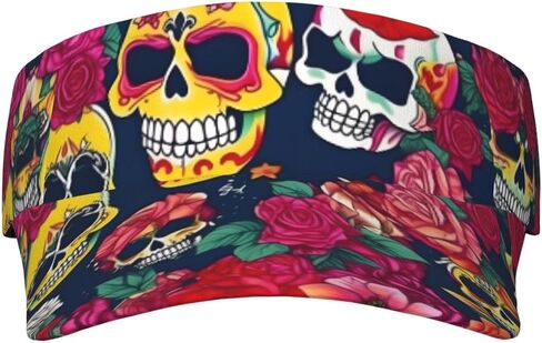 Sugar and Skulls and Flowers Print Sports Sun Visor Hats Adjustable Running Golf Tennis Sun Cap for Women Men Black in Saudi Arabia