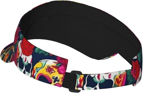 Sugar and Skulls and Flowers Print Sports Sun Visor Hats Adjustable Running Golf Tennis Sun Cap for Women Men Black in Saudi Arabia
