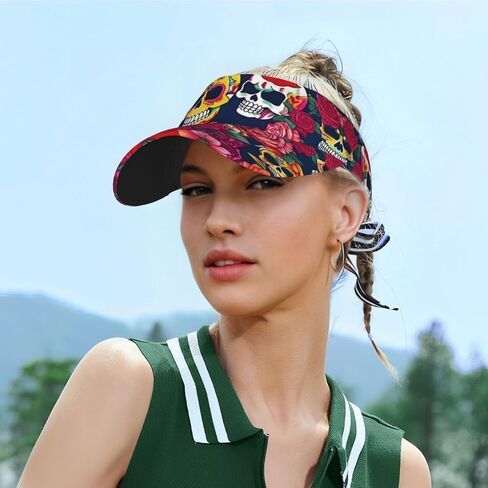 Sugar and Skulls and Flowers Print Sports Sun Visor Hats Adjustable Running Golf Tennis Sun Cap for Women Men Black in Saudi Arabia