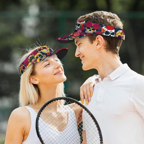 Sugar and Skulls and Flowers Print Sports Sun Visor Hats Adjustable Running Golf Tennis Sun Cap for Women Men Black in Saudi Arabia