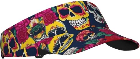 Sugar and Skulls and Flowers Print Sports Sun Visor Hats Adjustable Running Golf Tennis Sun Cap for Women Men Black in Saudi Arabia