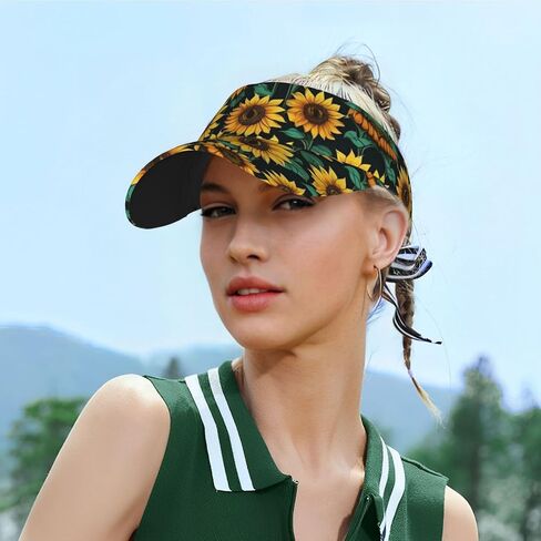 Sunflower Print Sports Sun Visor Hats Adjustable Running Golf Tennis Sun Cap for Women Men Black in Saudi Arabia