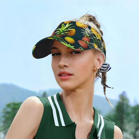 Tropical Fruits Pineapple Print Sports Sun Visor Hats Adjustable Running Golf Tennis Sun Cap for Women Men Black in Saudi Arabia