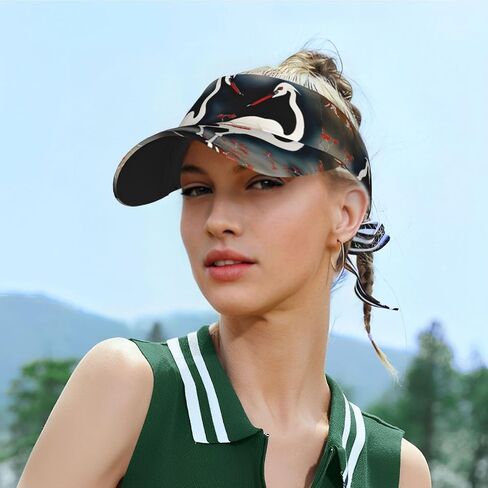 Two Japanese Cranes Flying Traditional Painting Print Sports Sun Visor Hats Adjustable Running Golf Tennis Sun Cap for Women Men Black in Saudi Arabia