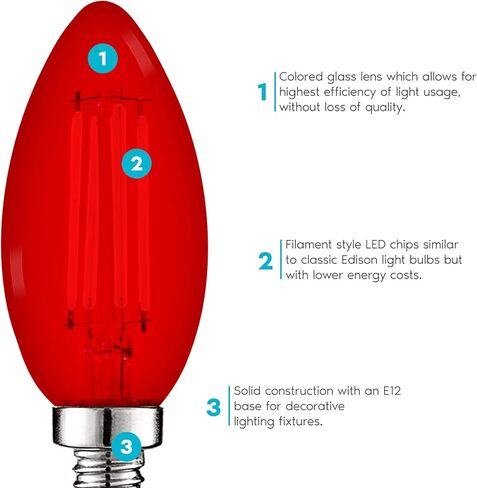 LUXRITE E12 LED Filament Red Light Bulbs, 4.5W (40W Equivalent), Colored Glass Candelabra Bulb, UL Listed, E12 Base, Indoor Outdoor, Porch, Decoration, Party, Holiday, Event, Home Lighting (2 Pack) in Kuwait