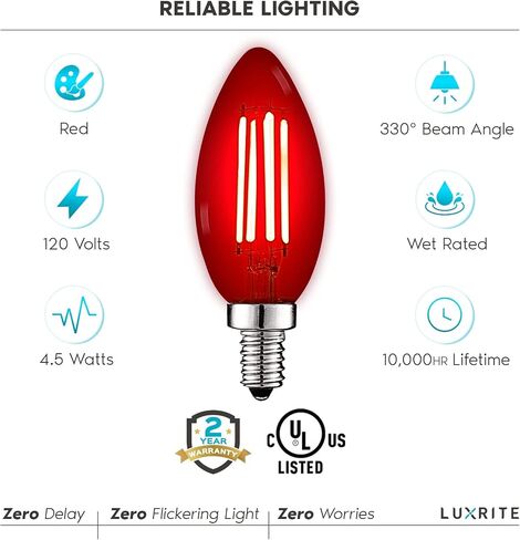 LUXRITE E12 LED Filament Red Light Bulbs, 4.5W (40W Equivalent), Colored Glass Candelabra Bulb, UL Listed, E12 Base, Indoor Outdoor, Porch, Decoration, Party, Holiday, Event, Home Lighting (2 Pack) in Kuwait