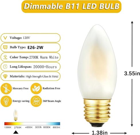 E26 Dimmable Candelabra LED Bulb 20watt, Frosted LED Chandelier Light Bulbs, 2700k Warm White, 2W Equal 20W,250LM,AC120V,B11 LED Chandelier Candle Light Bulbs for Decorative,6 Pack in Kuwait