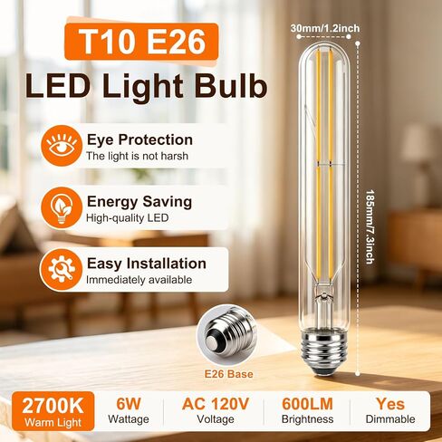 T10 LED Bulb 7.3 Inch Dimmable 185MM Long Tubular Light Bulb E26 6W Equal 60 Watt Edison Light Bulbs 600LM 2700K Warm White AC120V for Chandelier Industrial Wall Sconces Pendant Vanity, 2 Pack in Kuwait