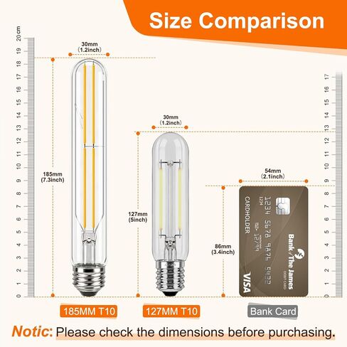T10 LED Bulb 7.3 Inch Dimmable 185MM Long Tubular Light Bulb E26 6W Equal 60 Watt Edison Light Bulbs 600LM 2700K Warm White AC120V for Chandelier Industrial Wall Sconces Pendant Vanity, 2 Pack in Kuwait