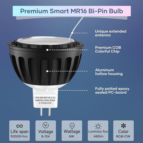 Gardencoin MR16 LED Bulb Color Changing, RGBCW Smart GU5.3 LED Bulbs Dimmable, 6W 12V Bi-Pin Base, Spotlight Bulbs Replacement for Halloween & Christmas Outdoor, WiFi Bluetooth Control (6 Pack) in Kuwait
