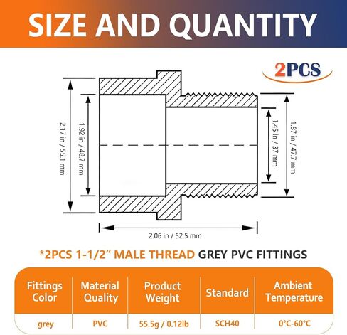 2 قطعة 1-1/2 بوصة ذكر الموضوع رمادي تركيبات PVC 2-Way PVC الأنابيب اقتران لموصلات المحول مع 1.5 "ذكر الموضوع PVC موصلات الأنابيب للتركيبات in Kuwait
