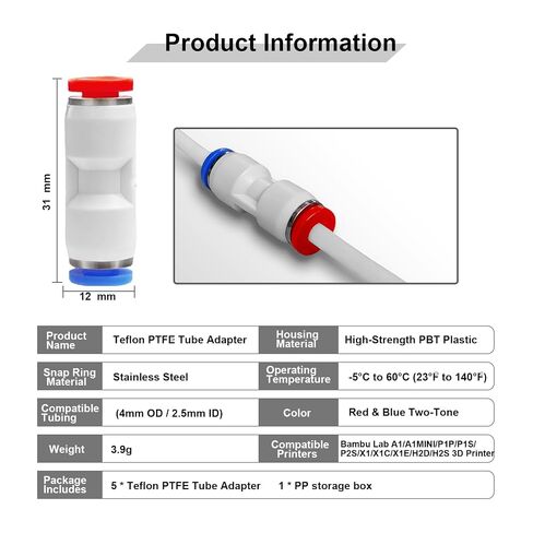 5 قطع موصل أنبوب PTFE ومجموعة محول لطابعات Bambu Lab ثلاثية الأبعاد - موصلات تغذية بلاستيكية ومعدنية مختلطة متوافقة مع سلسلة A1/A1 Mini/P1P/P1S/P2S - قطع غيار تيفلون لسلسلة X1/P1/A1، in Kuwait