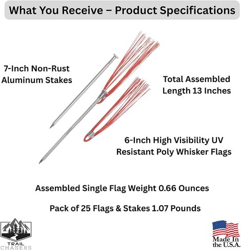 Orange 6 in. Ground Markers with Aluminum Stakes, 25-Pack, High Visibility | Lightweight Aluminum Stakes, Property Line Markers, Surveying, Made in USA in Kuwait
