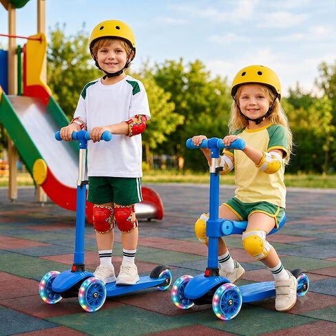 Kids Scooter for Ages 3-8, 3 Wheel Toddler Scooter with Seat & Magnetic LED Light-Up Wheels, Adjustable Height, Lean-to-Steer Kick Scooter for Boys Girls, Perfect Birthday in Saudi Arabia