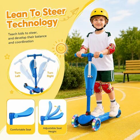 Kids Scooter for Ages 3-8, 3 Wheel Toddler Scooter with Seat & Magnetic LED Light-Up Wheels, Adjustable Height, Lean-to-Steer Kick Scooter for Boys Girls, Perfect Birthday in Saudi Arabia