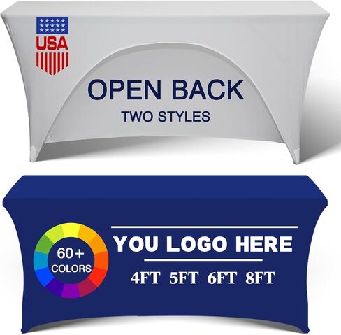 Custom Stretch Spandex Table Cloth with Business Logo 4/5/6/8 FT Personalized Table Cloths for Tradeshow Events/Company/School/Associations/Shop/Church/Club /Society Two Styles (4FT Open Back) in Kuwait