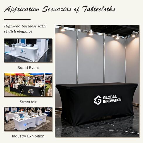 Custom Stretch Spandex Table Cloth with Business Logo 4/5/6/8 FT Personalized Table Cloths for Tradeshow Events/Company/School/Associations/Shop/Church/Club /Society Two Styles (4FT Open Back) in Kuwait