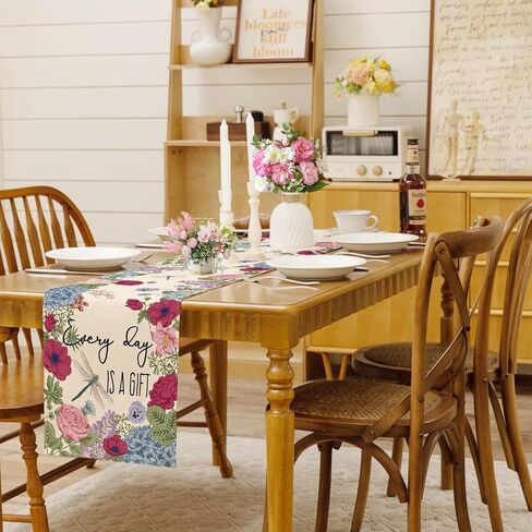 Summer Vintage Floral Table Runner Dragonflies Burlap Table Runners, Spring Retro Hydrangeas Seasonal Coffee Table Center Decor for Home Kitchen Dining Party Indoor Outdoor 13x36 Inch in Kuwait
