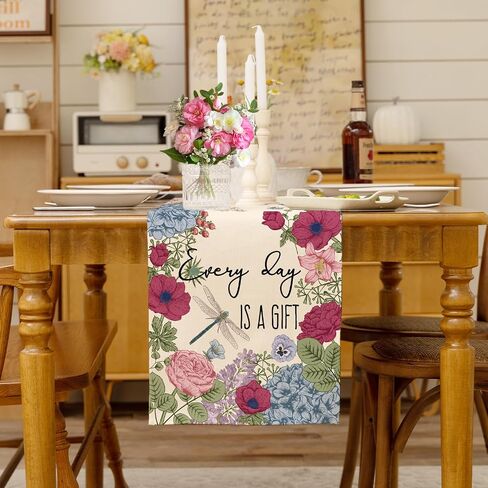 Summer Vintage Floral Table Runner Dragonflies Burlap Table Runners, Spring Retro Hydrangeas Seasonal Coffee Table Center Decor for Home Kitchen Dining Party Indoor Outdoor 13x36 Inch in Kuwait