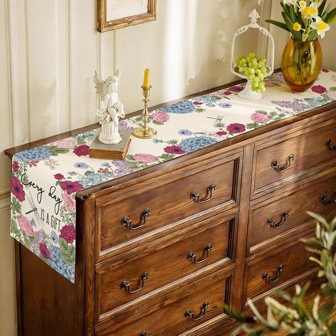 Summer Vintage Floral Table Runner Dragonflies Burlap Table Runners, Spring Retro Hydrangeas Seasonal Coffee Table Center Decor for Home Kitchen Dining Party Indoor Outdoor 13x36 Inch in Kuwait