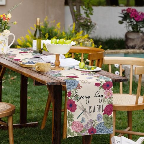 Summer Vintage Floral Table Runner Dragonflies Burlap Table Runners, Spring Retro Hydrangeas Seasonal Coffee Table Center Decor for Home Kitchen Dining Party Indoor Outdoor 13x36 Inch in Kuwait