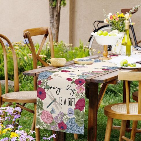 Summer Vintage Floral Table Runner Dragonflies Burlap Table Runners, Spring Retro Hydrangeas Seasonal Coffee Table Center Decor for Home Kitchen Dining Party Indoor Outdoor 13x36 Inch in Kuwait