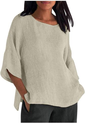 Cotton Linen Tops for Women Short Sleeve Summer Tops Solid Color Dressy Blouse Casual Loose Fit Tops for 2025 in Kuwait