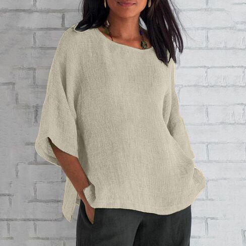 Cotton Linen Tops for Women Short Sleeve Summer Tops Solid Color Dressy Blouse Casual Loose Fit Tops for 2025 in Kuwait