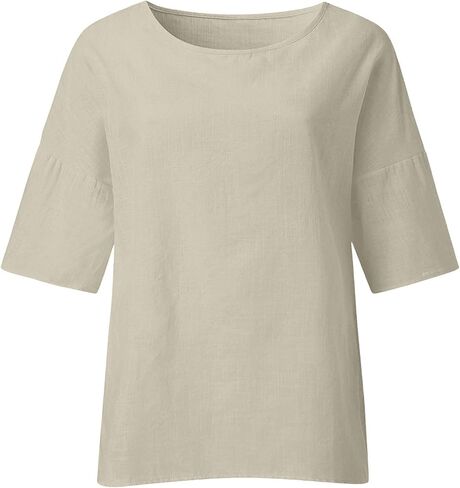 Cotton Linen Tops for Women Short Sleeve Summer Tops Solid Color Dressy Blouse Casual Loose Fit Tops for 2025 in Kuwait