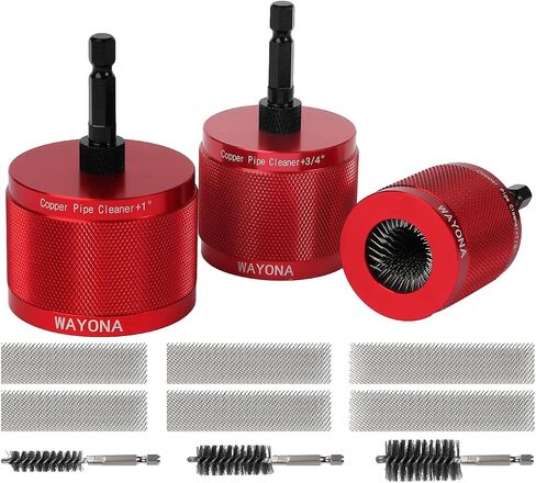 Wayona 1/2" & 3/4" & 1" Metal Copper Pipe Cleaner for Drill, with 1/4" Hex Shank, Each Size with 3PCS Brush Blades, Include Pipe Brushes, for Cleaning Rust, Stains, Paint and Polishing on Copper Pipe in Kuwait