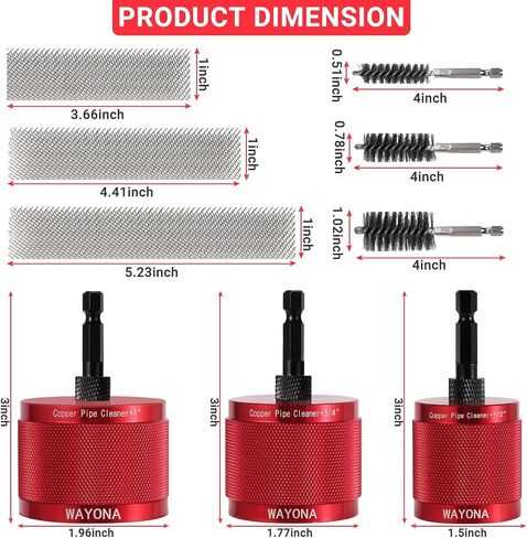 Wayona 1/2" & 3/4" & 1" Metal Copper Pipe Cleaner for Drill, with 1/4" Hex Shank, Each Size with 3PCS Brush Blades, Include Pipe Brushes, for Cleaning Rust, Stains, Paint and Polishing on Copper Pipe in Kuwait