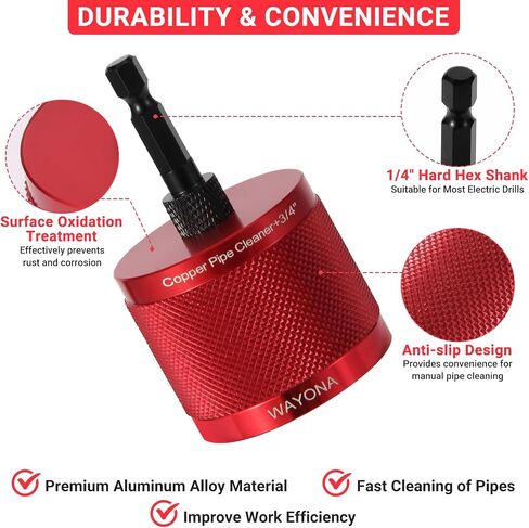 Wayona 1/2" & 3/4" & 1" Metal Copper Pipe Cleaner for Drill, with 1/4" Hex Shank, Each Size with 3PCS Brush Blades, Include Pipe Brushes, for Cleaning Rust, Stains, Paint and Polishing on Copper Pipe in Kuwait