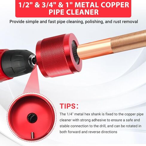 Wayona 1/2" & 3/4" & 1" Metal Copper Pipe Cleaner for Drill, with 1/4" Hex Shank, Each Size with 3PCS Brush Blades, Include Pipe Brushes, for Cleaning Rust, Stains, Paint and Polishing on Copper Pipe in Kuwait