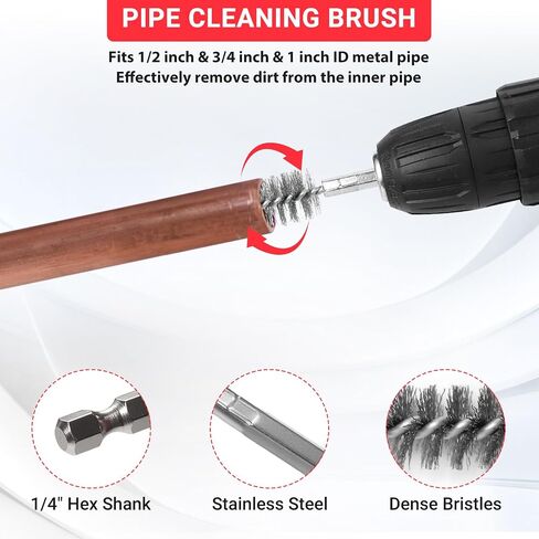 Wayona 1/2" & 3/4" & 1" Metal Copper Pipe Cleaner for Drill, with 1/4" Hex Shank, Each Size with 3PCS Brush Blades, Include Pipe Brushes, for Cleaning Rust, Stains, Paint and Polishing on Copper Pipe in Kuwait