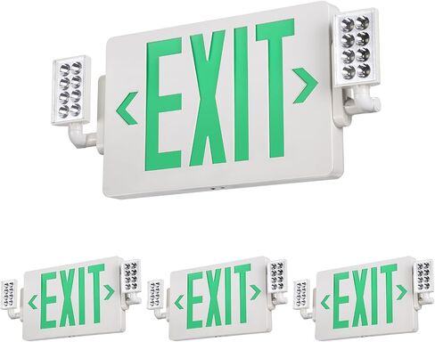 TORCHSTAR LED Exit Sign with Emergency Lights, Two Adjustable Heads, Green Letter Exit Light with Battery Backup, UL&FCC Listed, Double-Sided, AC 120-277V, Wall & Ceiling Mount, White, Pack of 4 in Kuwait